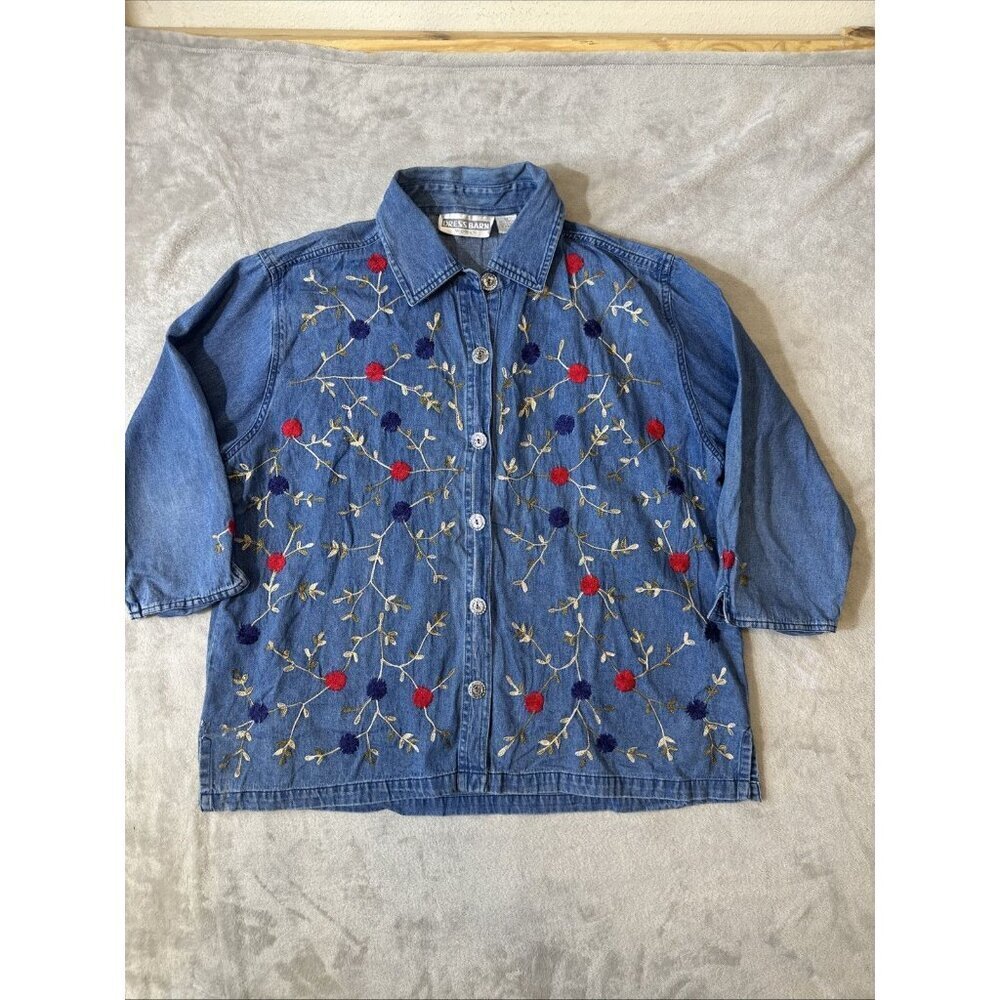Dressbarn Woman 2X Denim Button Up Shirt Floral Embroidered 100% Cotton Blouse